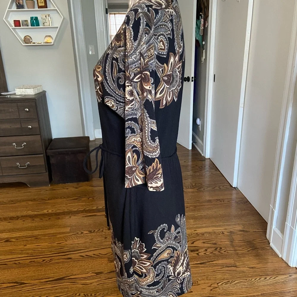 Sandra Darren Black and Brown Paisley 3/4 Sleeve Dress - Picture 4 of 8